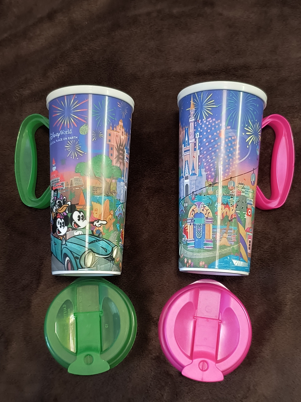 Disney World Colorful Plastic Travel Tumbler with Handle - Green and Pink